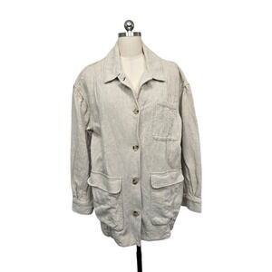 Free People Linen Cotton Chore Jacket Oatmeal Beige Utility Field Coat Sz Large